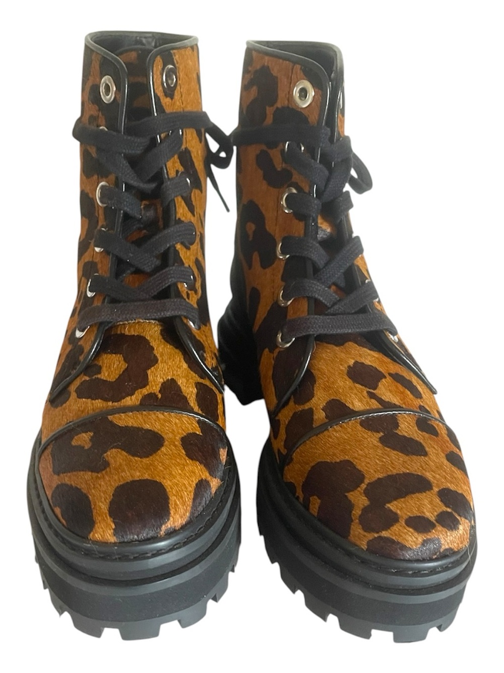 Leopard-Print Platform Combat Boots in Brown
